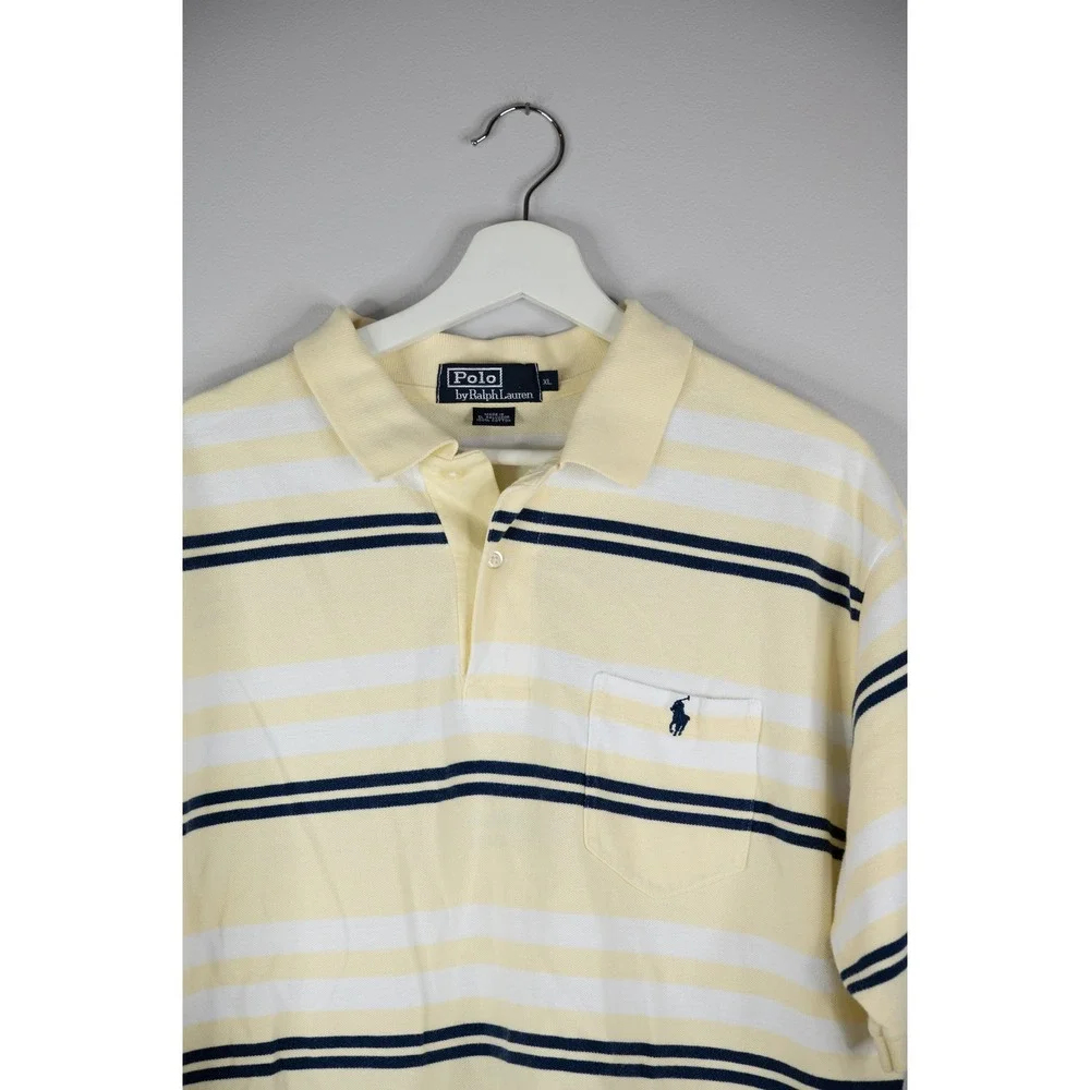 Polo Ralph Lauren Polo Shirt Mens XL Yellow Navy pony Stripe Pocket Short Sleeve